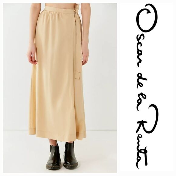 Vintage Oscar De La Renta Soft Yellow Pleated Satin Midi Side Tie Wrap Skirt 10 - Picture 1 of 9